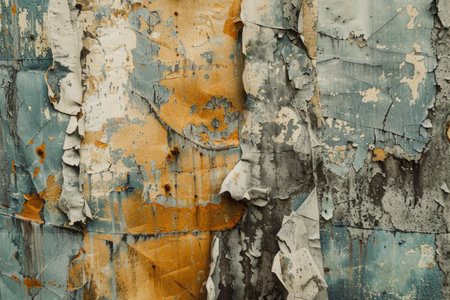Old painted metal surface with cracked and peeling paint revealing different colors beneathの素材