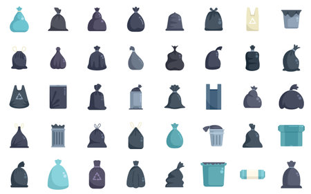 This is a large set of garbage bags and trash bins being full of trash icons setのイラスト素材