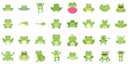 This set includes illustrations of green frogs sitting, jumping, catching insects, and moreのイラスト素材
