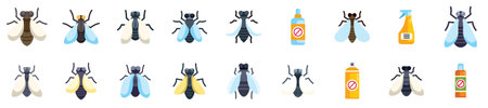 Housefly insects icons set showing different types of flies with insecticides in flat styleのイラスト素材