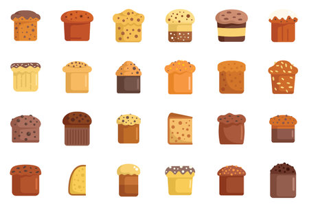 Set of icons showing various types of easter bread, featuring different toppings and decorationsのイラスト素材
