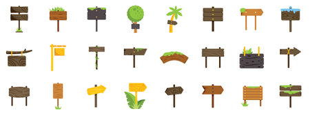 Set of various wooden signs pointing in different directions with various backgrounds including...