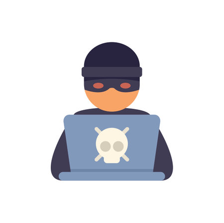 Masked hacker is using a laptop to commit cyber crimeのイラスト素材