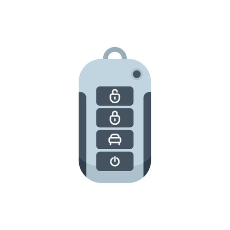 This vector illustration features a car keyless entry remote control, highlighting the buttons for locking, unlocking, and remotely starting the vehicleのイラスト素材