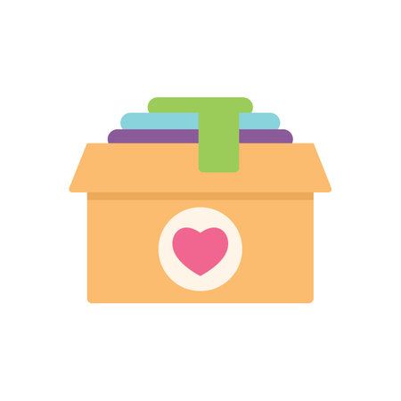 Cardboard donation box overflowing with folded shirts and a heart representing generosityのイラスト素材