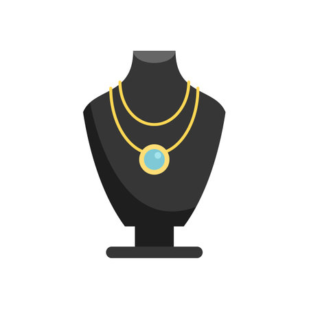 Black mannequin showcasing gold chains and blue necklace pendantのイラスト素材