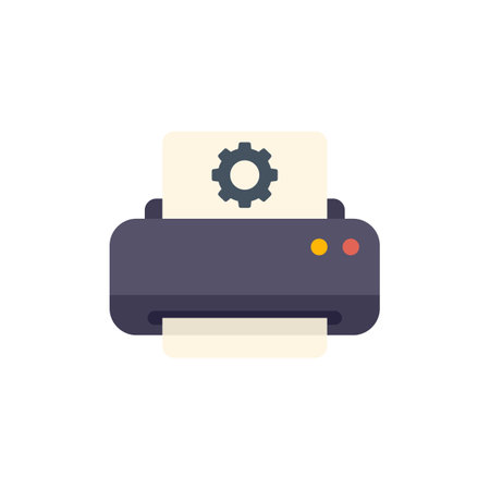 Icon of a printer undergoing setup configuration, symbolized by a prominent cogwheel displayed on the paperのイラスト素材