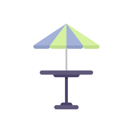 Round table with striped umbrella providing shadow on terrace, furniture for cafe or restaurantのイラスト素材