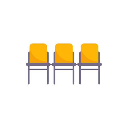 Three empty chairs with yellow seats and dark metal frame standing in a row, isolated on whiteのイラスト素材