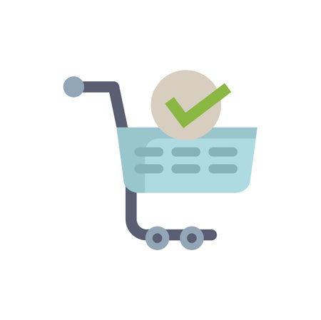This vector illustration depicts a shopping cart containing a check mark, symbolizing a successful online purchaseのイラスト素材