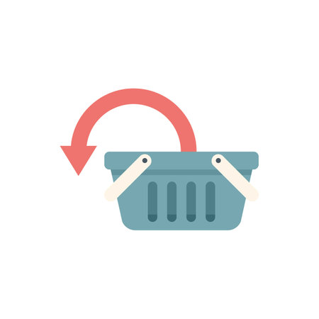 Minimalist flat icon of an empty shopping basket with a red arrow pointing down, representing a decrease in salesのイラスト素材
