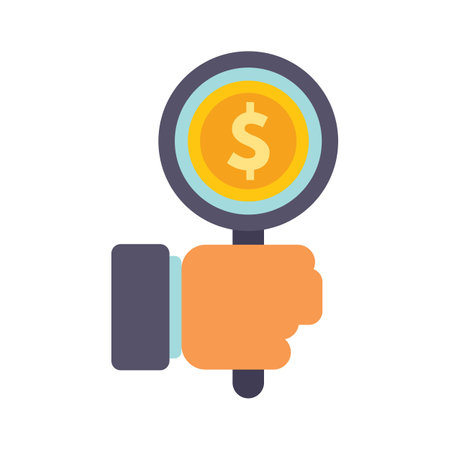 Businessman is holding a magnifying glass focusing on a dollar coin, perfect for illustrating finance and currency conceptsのイラスト素材