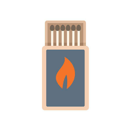Classic matchbox containing wooden matches with a red flame logo, ideal for representing fire safety and starting a fireのイラスト素材