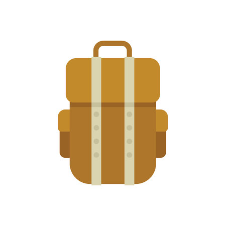 Brown backpack standing up with two side pockets, perfect for representing travel, hiking, or carrying school suppliesのイラスト素材