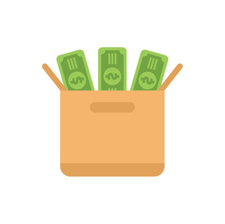 This minimalistic illustration features an open cardboard box overflowing with cash, conveying concepts of wealth, savings, and financial successのイラスト素材