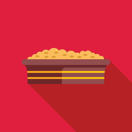 Full dog bowl with dry food lying on red background, flat style, vector illustrationのイラスト素材