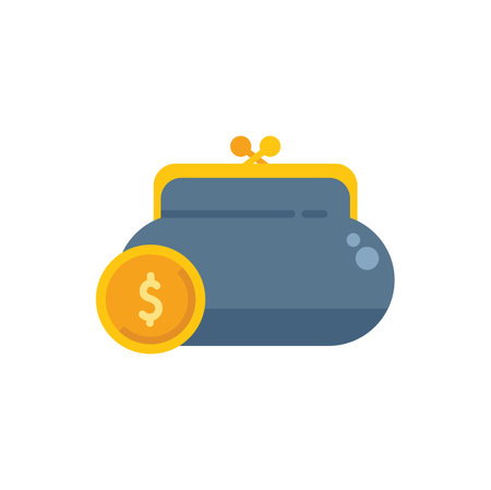 Blue closed wallet with a gold dollar coin next to it representing the concept of saving moneyのイラスト素材