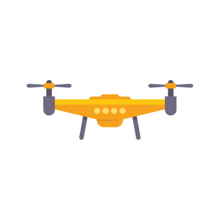 Yellow drone hovering with its four propellers spinning, isolated on white backgroundのイラスト素材