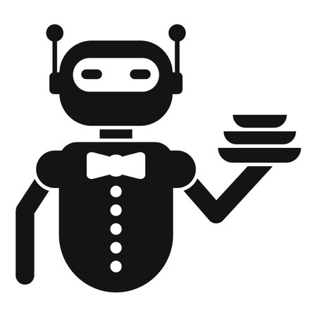 Robot waiter holding plates serving food in restaurant glyph icon, artificial intelligence concept, robotic waiter vector sign on white background, glyph style iconのイラスト素材
