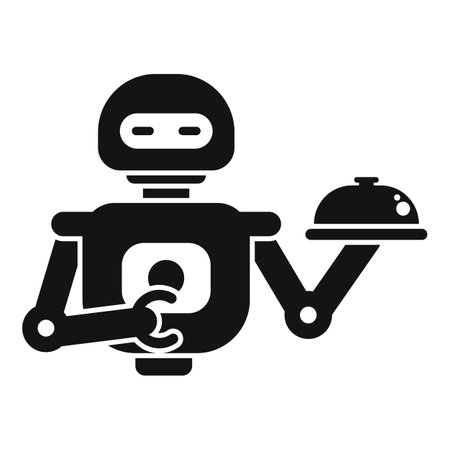 Black and white vector illustration of a robot holding a cloche, perfect for projects related to automation in the food industryのイラスト素材