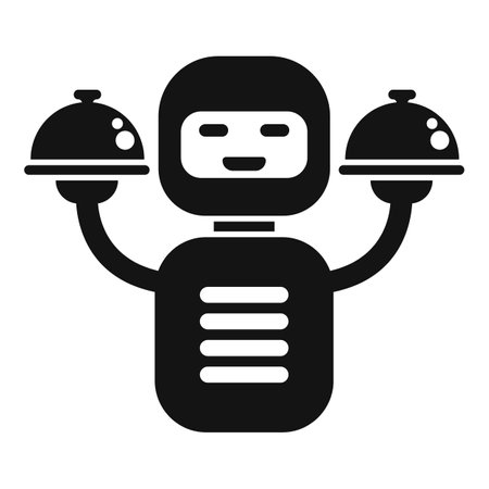 Friendly robot waiter holding two covered restaurant serving dishes iconのイラスト素材