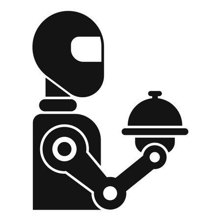 Robot waiter holding a covered tray serving food glyph icon, service robot concept for web design in a solid black flat shapeのイラスト素材