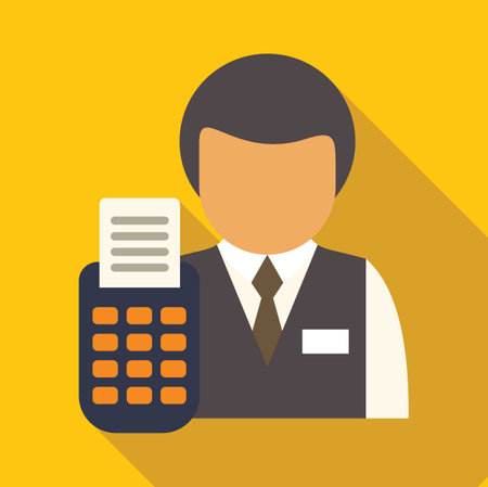 Cashier holding pos terminal printing receipt icon in flat style on a yellow backgroundのイラスト素材