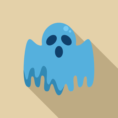 Blue ghost floating and saying boo with long shadow on brown backgroundのイラスト素材