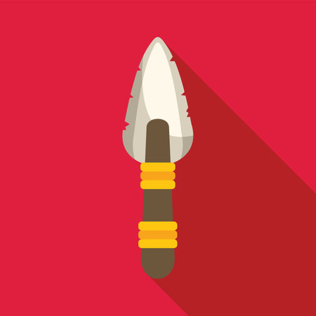 Ancient spear point with wooden handle and gold bands on red background, hunting and prehistoric weapon conceptのイラスト素材
