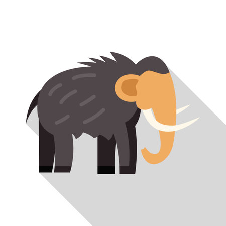 Cartoon woolly mammoth standing facing right with long curved tusks, small ears, and shaggy brown furのイラスト素材