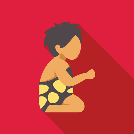 Primitive boy kneeling and wearing a loincloth with an animal skin print, side viewのイラスト素材