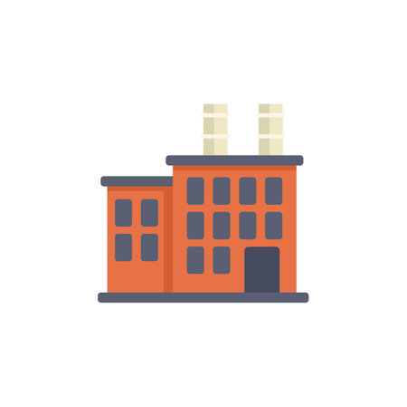 Flat icon depicting a factory building, featuring smoking chimneys, symbolizing industrial activityのイラスト素材