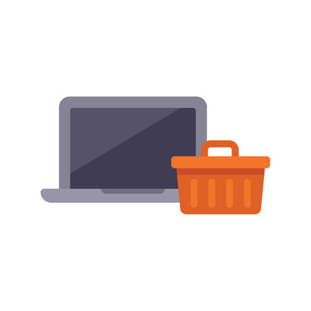 Laptop displaying an online shopping basket, representing the concept of e commerce and online retailのイラスト素材