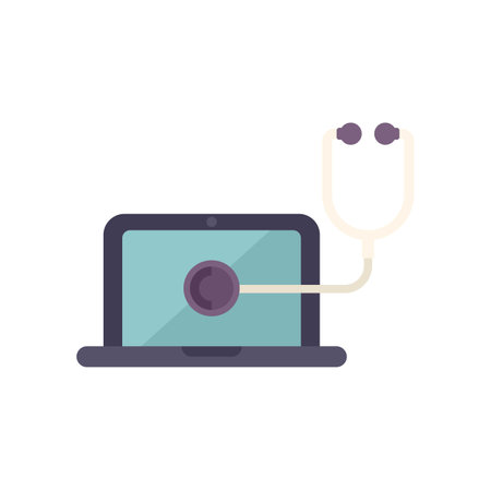 Stethoscope examining laptop computer in a concept of computer repair, online technical support or telemedicineのイラスト素材