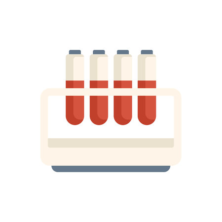 Four test tubes holding blood samples are sitting in a rack, waiting to be analyzedのイラスト素材
