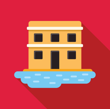 Two storey building standing near water flat icon design with long shadow on red backgroundのイラスト素材