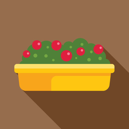 Yellow flower pot with a green bush and red berries growing in it, flat design icon with long shadowのイラスト素材