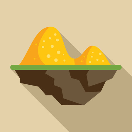 Piece of land with grass and sand is floating in the air with a long shadow on a light brown backgroundのイラスト素材