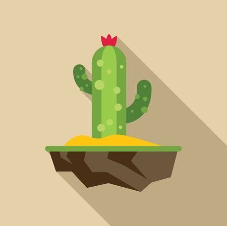 Minimalist flat design illustration of a green cactus growing on a floating island, casting a long shadowのイラスト素材