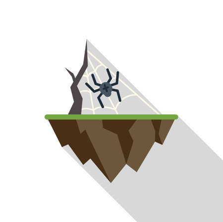 Scary black spider hanging on its web on flying land with tree branch icon in flat style on a white backgroundのイラスト素材