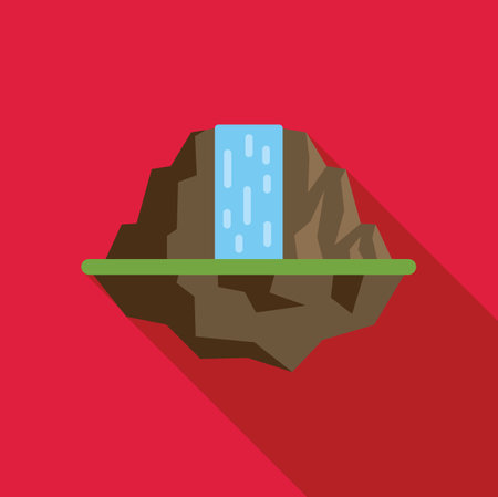 Minimalist vector illustration featuring a waterfall cascading from a mountain, set against a vibrant red background with a long shadowのイラスト素材