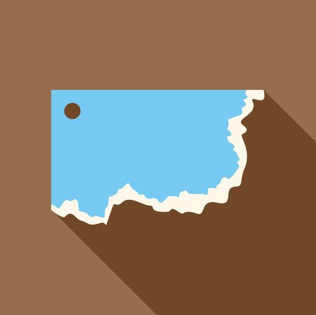 Blue tag or label with a hole in the top left corner with a torn edge casting a long shadow on a brown backgroundのイラスト素材