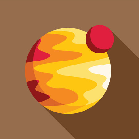 Simplified stylized illustration of a yellow planet with a red spot, like jupiter, orbiting in space with a moonのイラスト素材