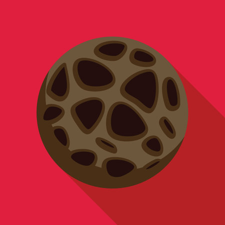 Illustration of a planet with craters casting a long shadow on a red backgroundのイラスト素材