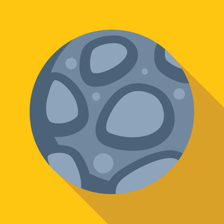 Grey planet with craters on a yellow background, simple flat design with long shadowのイラスト素材