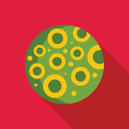 Green planet with yellow craters on a red background in flat design with a long shadowのイラスト素材