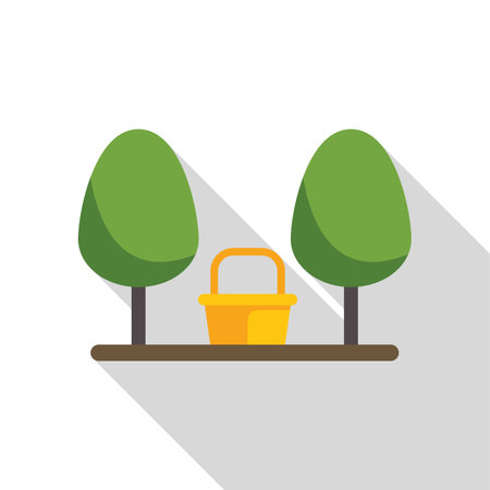 Yellow basket standing between two trees in the park, flat design icon illustration with long shadowのイラスト素材
