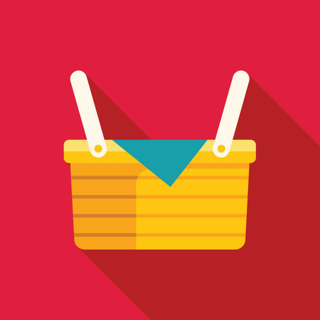 Yellow wicker picnic basket with blue blanket, long shadow design, isolated on a red backgroundのイラスト素材