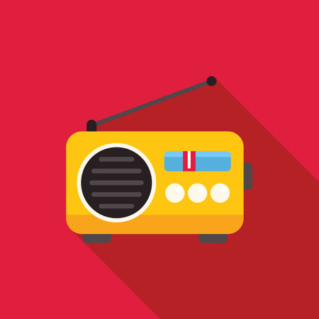 Yellow radio receiver with antenna extended, tuning dial and volume controls, broadcasting on airwaves with long shadowのイラスト素材