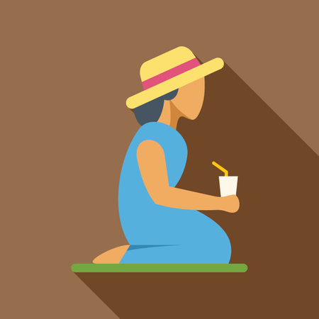 Woman kneeling and holding a drink, wearing a summer hat and dressのイラスト素材